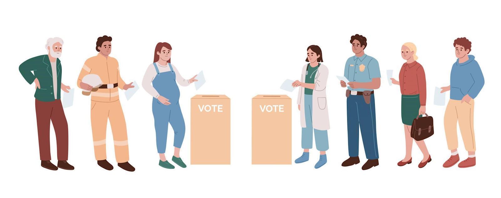 14303177 verschillend mensen het werpen stemming papieren in de stemming dozen gieten stembiljetten bij de peiling paleis groep van kiezers electoraat staand in lijn democratie concept vlak illustratie vector