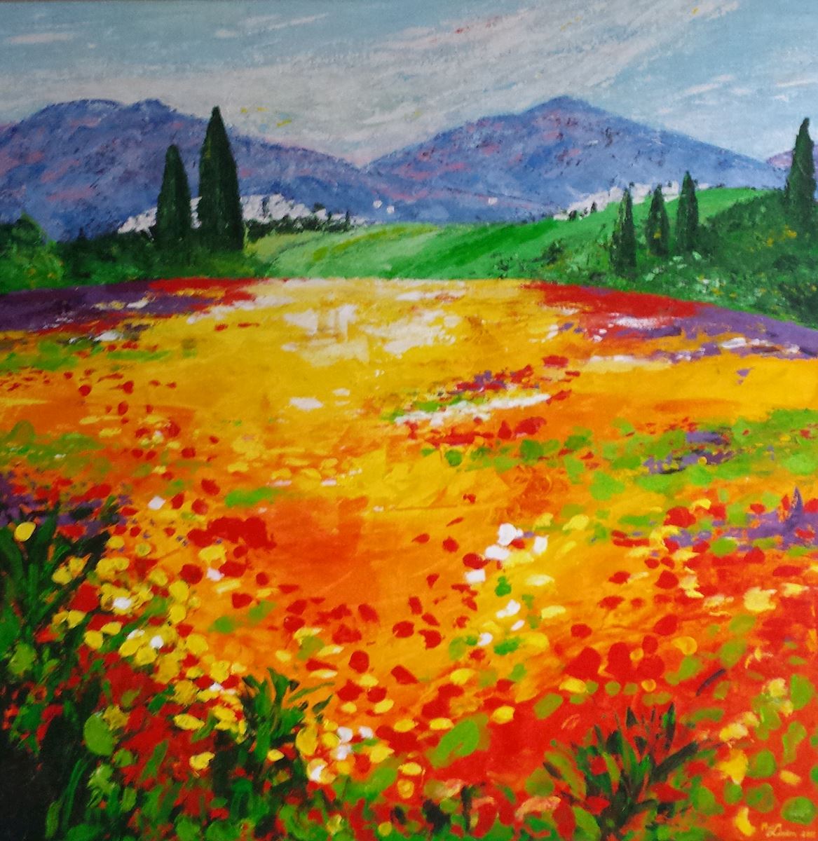a kunst uit de kast landschap toscane voorjaar italie klaprozen groot schilderij nicole van der linden italy tuscany paletmes noordwijk bollenstreek