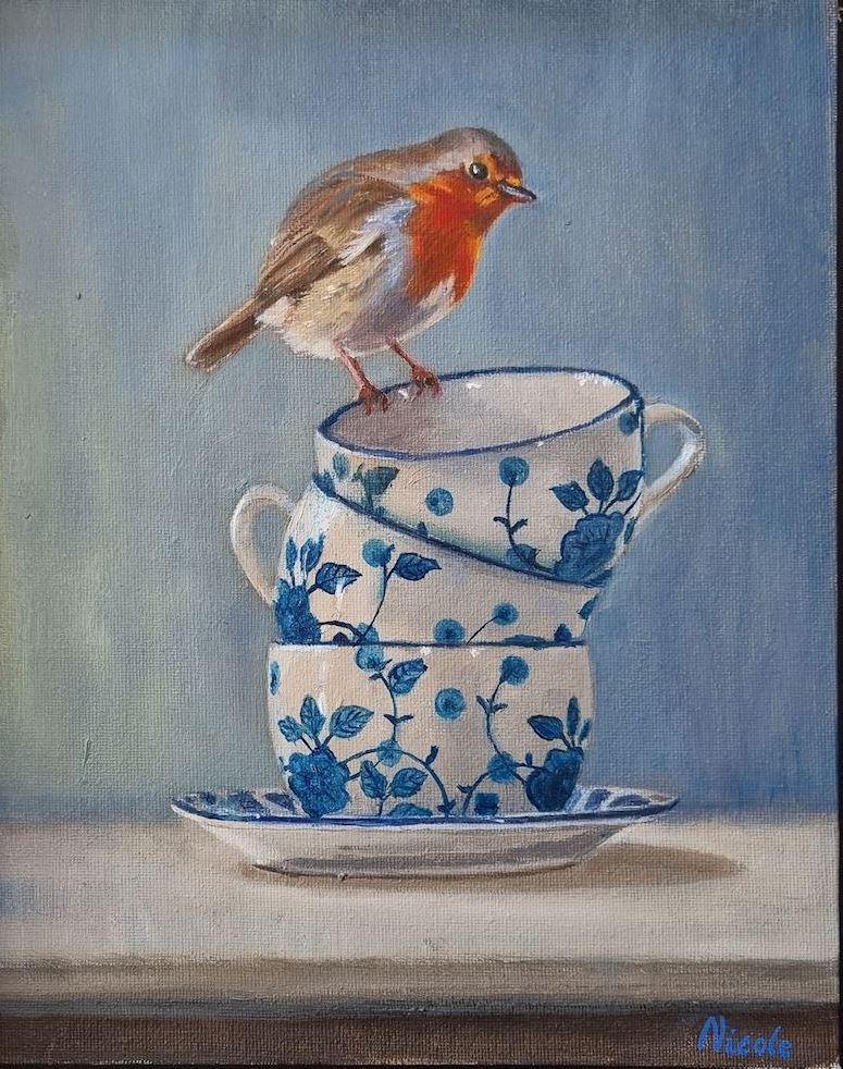 b Kopjes en roodborst delftsblauw delft blauw nicole van der linden kunst uit de kast dieren vogels birds