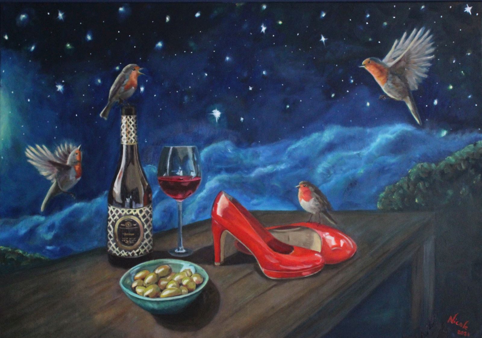 rood pumps roodborstje neropasso wijn blauwstilleven kunst uit de kast corona Shine a Light nicole van der linden