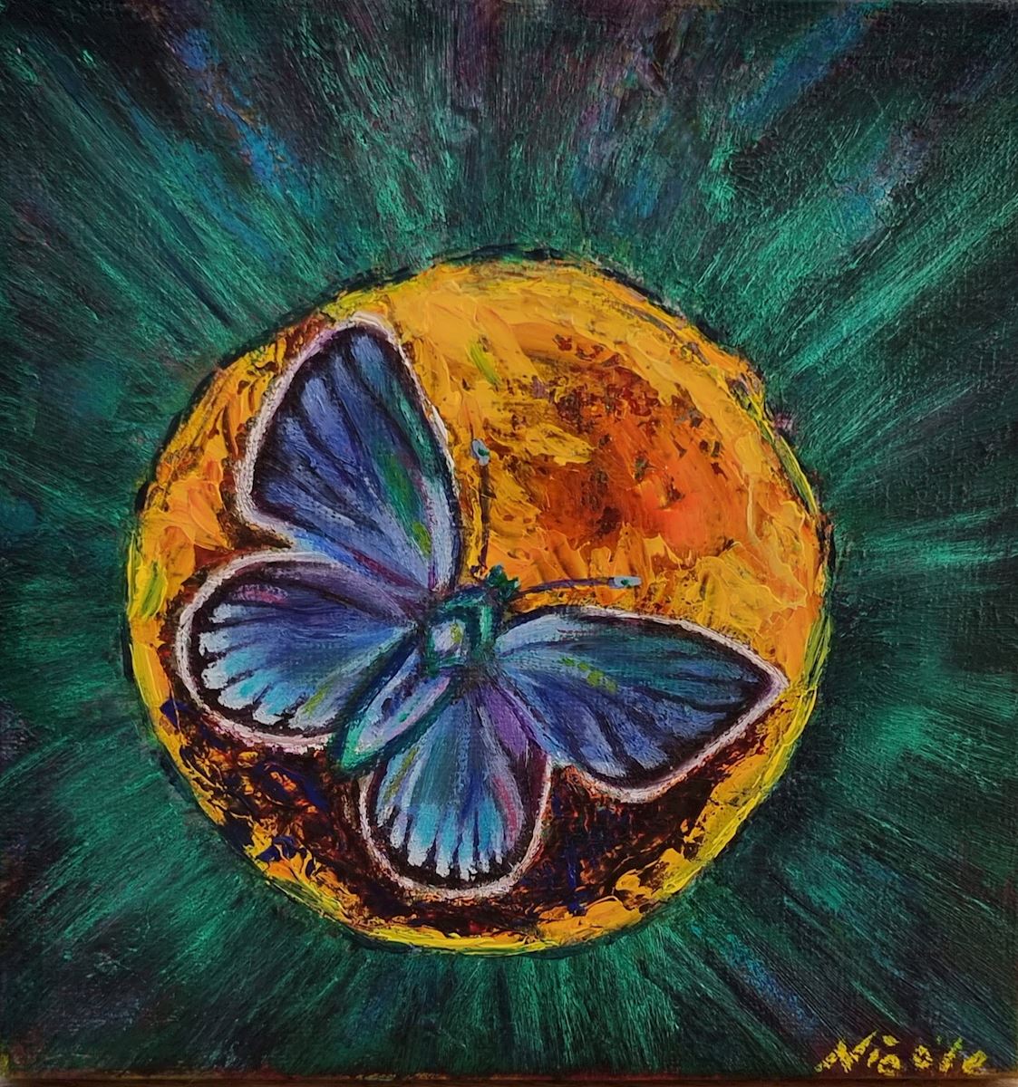 vlinder blauw kunst uit de kast nicole van der linden vlinder maan insect schilderij