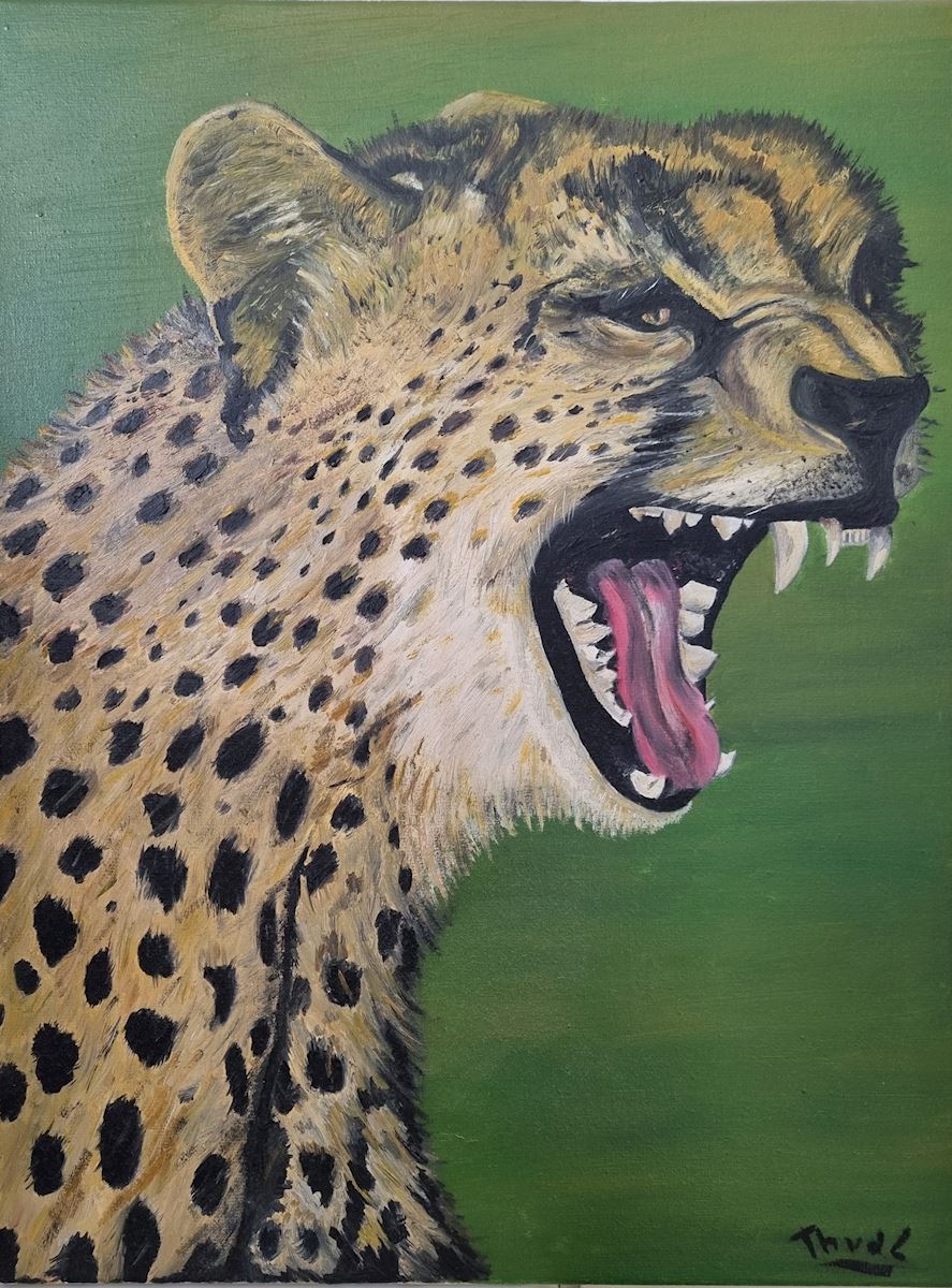 Cheetah dieren katachtigen kat afrika schilderij brul schreeuw theo van der linden kunst uit de kastTheo
