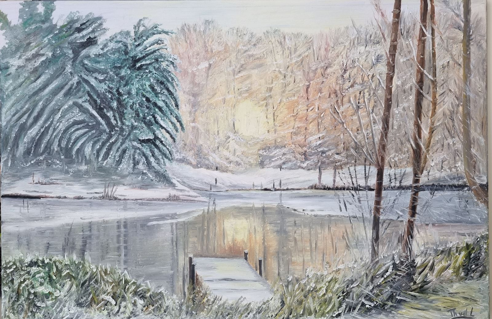 Winter Theo van der linden opkomende zon wintertafereel bos sneeuw ijs noordwijk schilderij kunst uit de kast