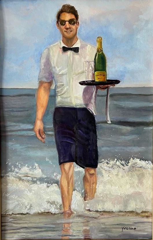 Brut de Mer yvonne dobbe champagne ober mooie man uit zee noordzee strand vlinderdas kunst uit de kast noordwijk schilderij